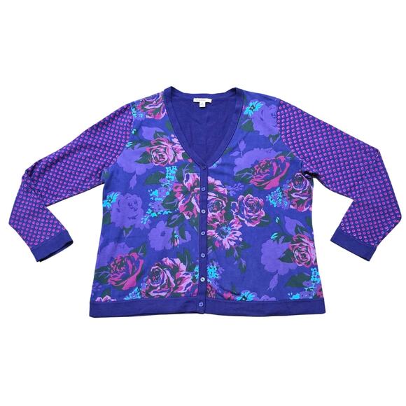 Isaac Mizrahi Live! Blue Floral Print V Neck Button Front Cardigan - Picture 1 of 6